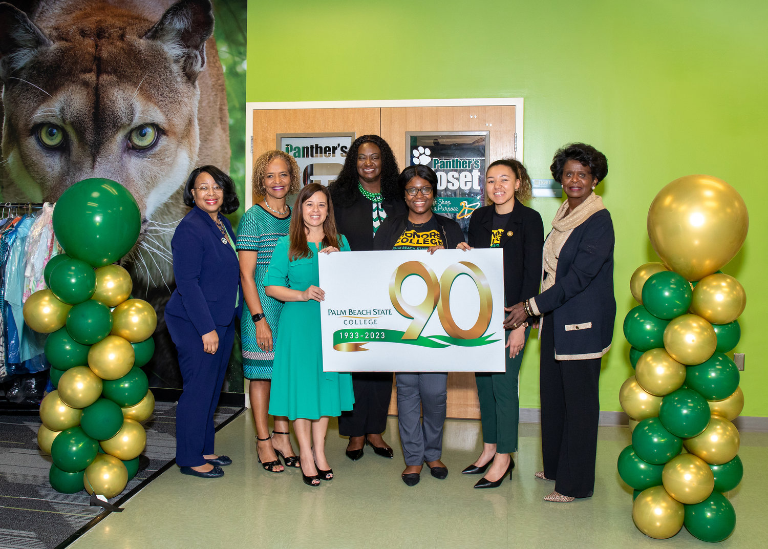 Tunjarnika Coleman-Ferrell, Ed.D., vice president of academic affairs; President Ava L. Parker, J.D., Marcella Montesinos, Honors College director, LaTanya McNeal, executive dean of the PBSC Belle Glade campus, Alumna Aliyah Blake, Student Trustee Lorena Martin Reyes and Trustee Carolyn L. Williams celebrate the opening of the College’s third Panther’s Pantry.